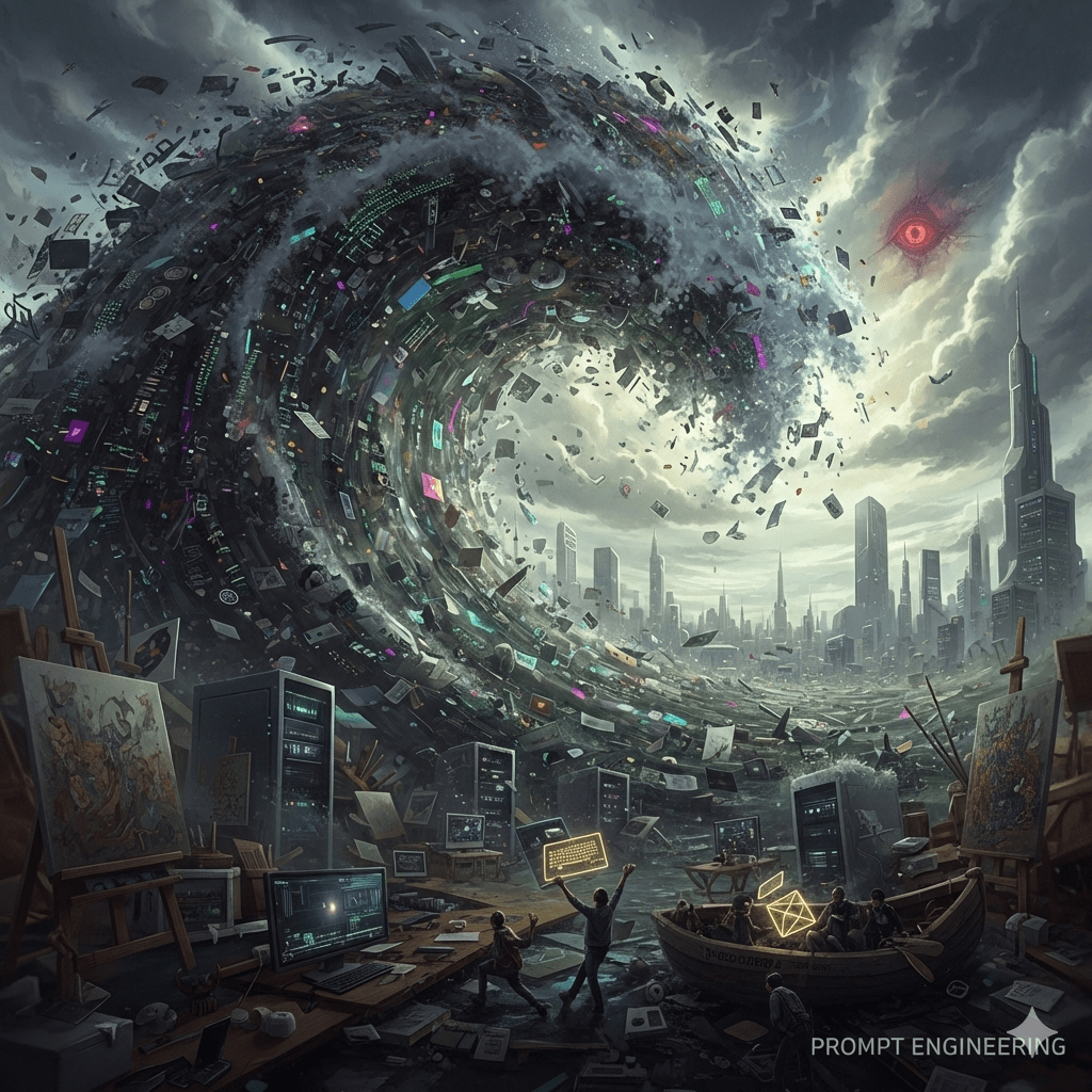A surrealist illustration of an 'AI Slop Tsunami'—a colossal wave made of discarded tech, keyboards, and data—crashing over a landscape of art easels and desks. A small lifeboat labeled "PROMPT ENGINEERING" carrying people and a glowing, refined geometric cube successfully navigates the chaotic flood.