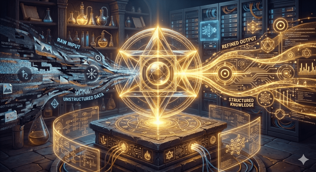 A conceptual illustration showing the transmutation of 'AI Slop' into value. A stream of chaotic, blue 'Raw Input' containing the alchemical symbol for Lead flows into a glowing, golden geometric core. The core refines the stream, releasing it on the right as organized, golden 'Structured Knowledge' and circuit patterns. The background blends an ancient alchemist's workshop with a modern server room.