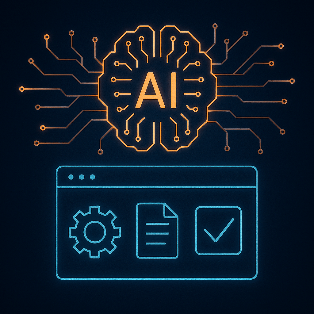 A symbolic digital illustration showing four towering AI monoliths glowing with complex patterns, dominating a row of smaller, utilitarian software icons beneath them. The contrast emphasizes the subordination of traditional tools to emergent AI structures.