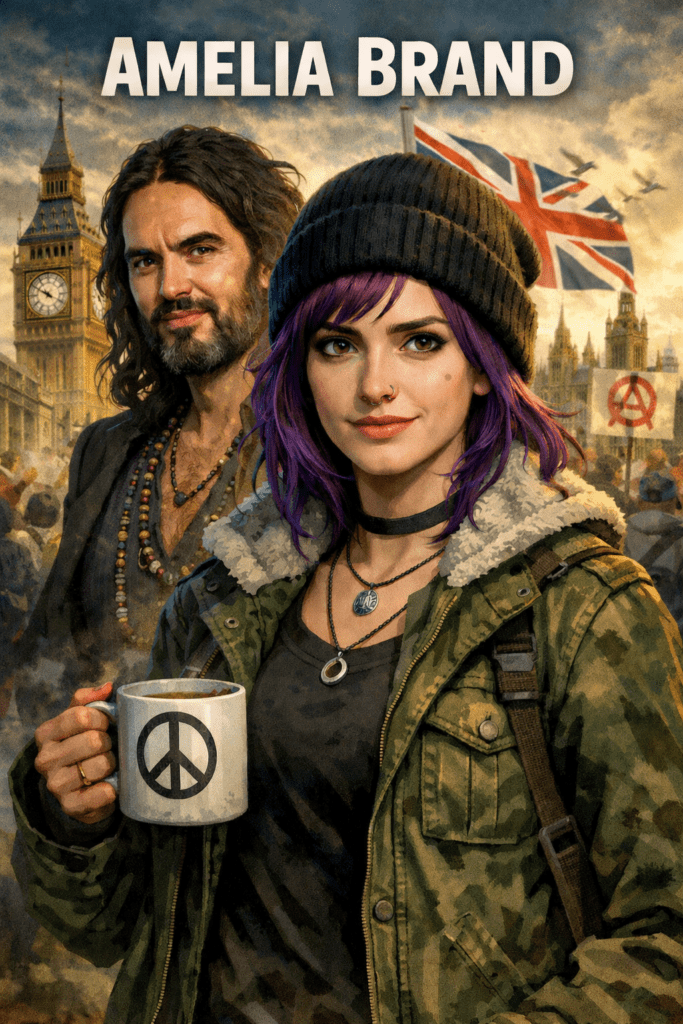 Illustrated portrait of Amelia Brand with purple hair and a small mole on her left cheek, holding a mug with a peace symbol, standing in front of the London skyline with Big Ben, a Union Jack flag, and a Russell Brand–inspired figure behind her.