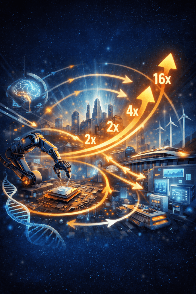 Futuristic city at night with glowing feedback loops and arrows circling outward from a microchip and robotic arm, connecting AI, renewable energy, transport, and data systems to symbolize accelerating, self-reinforcing technological growth.