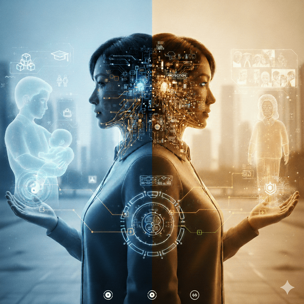 A split-screen illustration of a person's life stages from infancy to old age, representing the lifelong evolution of a personal Cyborg AI.