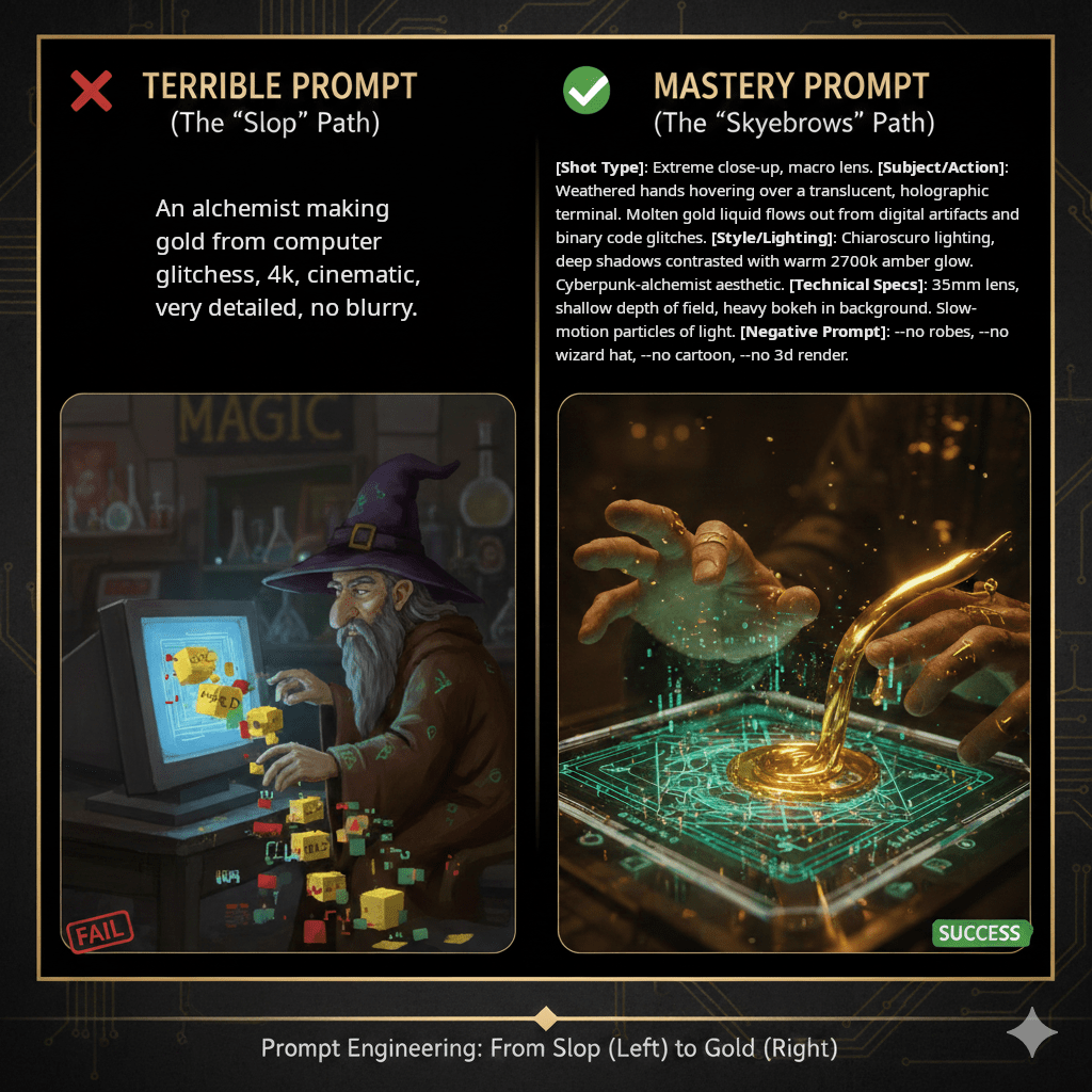 A side-by-side comparison of AI image quality: a cartoonish wizard at a computer versus a cinematic macro shot of holographic gold liquid.