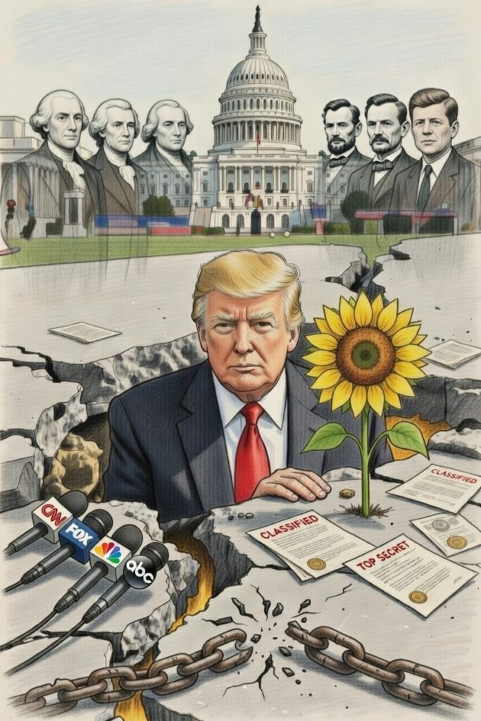 Illustrated political cartoon depicting Donald Trump emerging from a cracked concrete foundation in front of the U.S. Capitol building, holding a sunflower symbolizing growth amid disruption. Surrounding elements include media microphones from CNN, FOX, NBC, and ABC thrust toward him, scattered classified documents labeled "Top Secret," broken chains representing shattered constraints, and ghostly figures of historical U.S. presidents like Washington, Jefferson, Lincoln, and others in the background, evoking themes of systemic change and progressive reform.