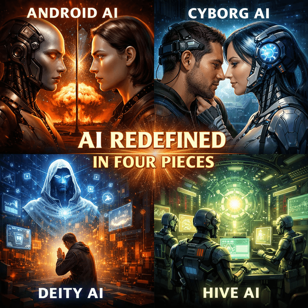 Conceptual illustration of AI redefined into four categories—Android AI (human-like artificial mind), Cyborg AI (human-AI fusion), Deity AI (centralized large-scale intelligence), and Hive AI (networked corporate intelligence)—shown as distinct but interconnected forms.