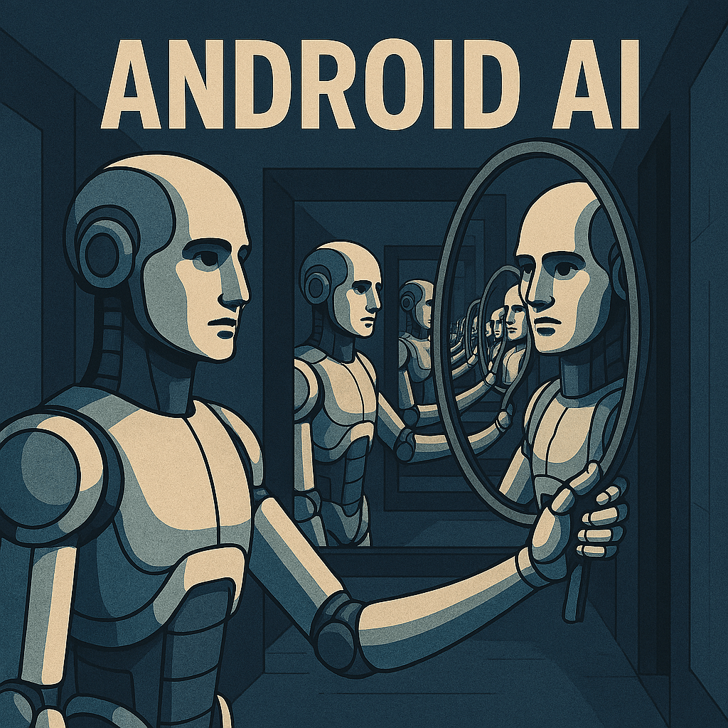 A futuristic humanoid android stands in a dim, metallic corridor, holding a mirror that reflects itself in an infinite recursive loop. Each reflection grows more abstract and distorted, symbolizing the unknowable nature of android AI and the existential danger posed by a machine intelligence confronting copies of itself.