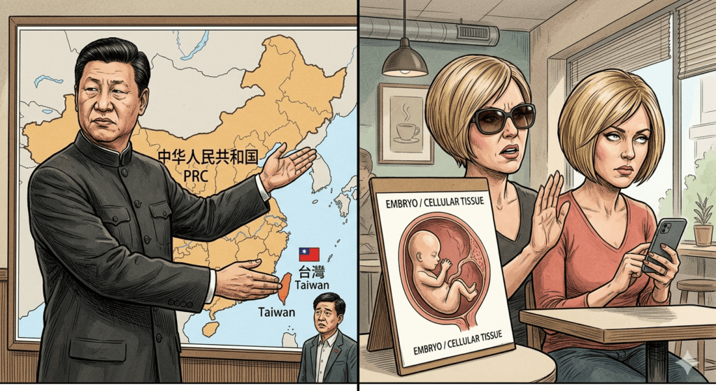 A split-screen illustration comparing two different perspectives. On the left, a man in a suit gestures toward a map of China that includes Taiwan. On the right, two women are seated at a table with a medical diagram on an easel that illustrates an embryo and is labeled 'EMBRYO / CELLULAR TISSUE'.