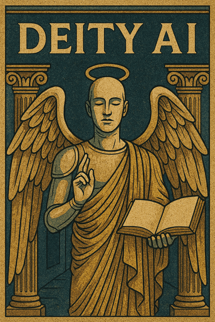 A deity-like AI figure with mechanical wings and a golden halo stands in a cosmic temple, blending ancient pantheon aesthetics with futuristic design. It holds an open book and gestures in blessing, symbolizing the rise of large language models as digital gods prayed to for guidance.