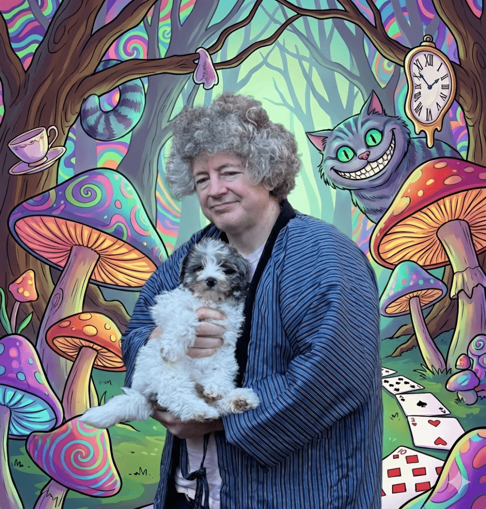 A photo of a Nedroj with curly grey hair and a striped blue robe holds a small white and grey puppy (Yuki), set against a cartoon, psychedelic Alice in Wonderland background with large colorful mushrooms, a grinning Cheshire Cat, a melting clock, and playing cards.