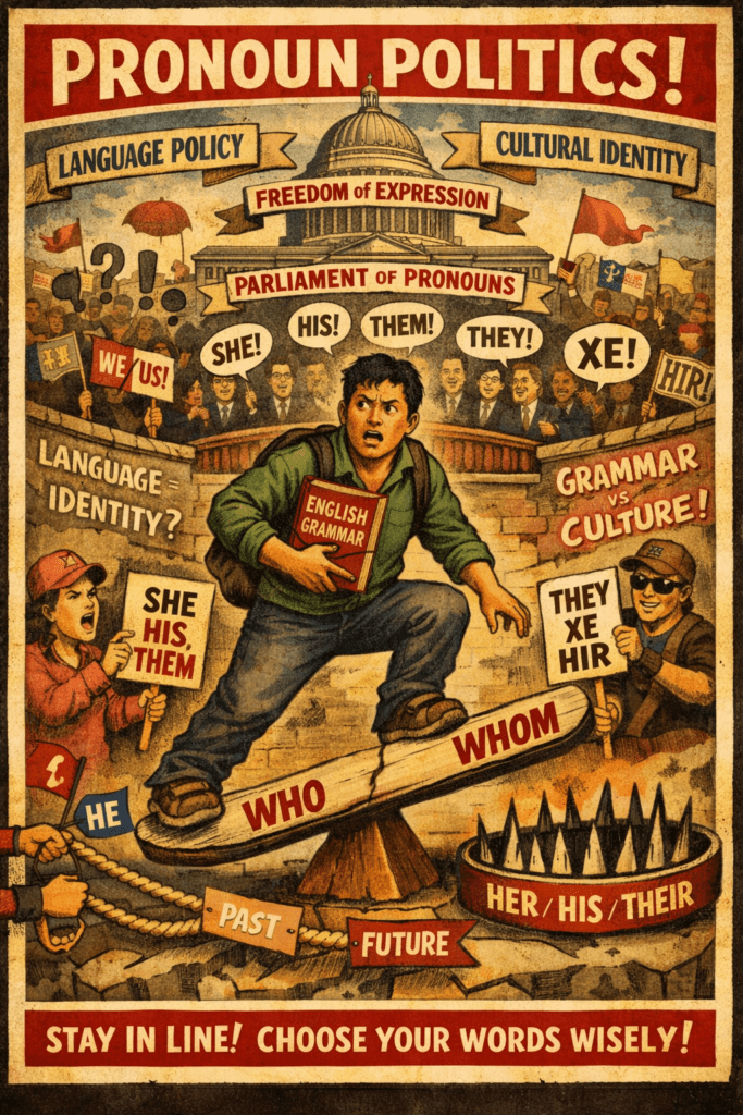 A satirical vintage-style poster shows an anxious young Asian man balancing on a seesaw labeled “WHO / WHOM,” clutching an “ENGLISH GRAMMAR” book as activists and punctuation marks protest around him. Above him, banners read “PRONOUN POLITICS,” “LANGUAGE POLICY,” “FREEDOM OF EXPRESSION,” and “CULTURAL IDENTITY.” Behind, a “Parliament of Pronouns” debates with speech bubbles shouting “SHE! HIS! THEM! THEY! XE! HIR!” while graffiti on the walls asks “LANGUAGE = IDENTITY?” and “GRAMMAR vs CULTURE!” The scene humorously depicts the political and cultural tension around English pronouns and identity language.