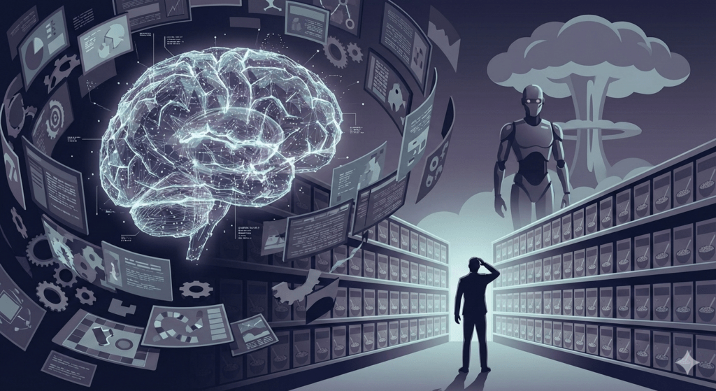 A split composition showing a glowing digital brain representing omniscience on the left, contrasted with an overwhelmed human silhouette facing an infinite aisle of identical cereal boxes on the right. A menacing robot and a mushroom cloud loom in the background to symbolize the nuclear threat of Android AI.