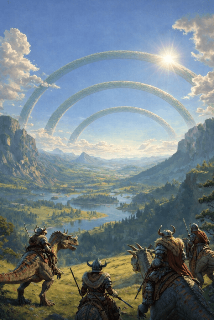 Four armored warriors riding dinosaur-like mounts overlook a vast green valley beneath enormous thick rings stretching across the distant horizon.