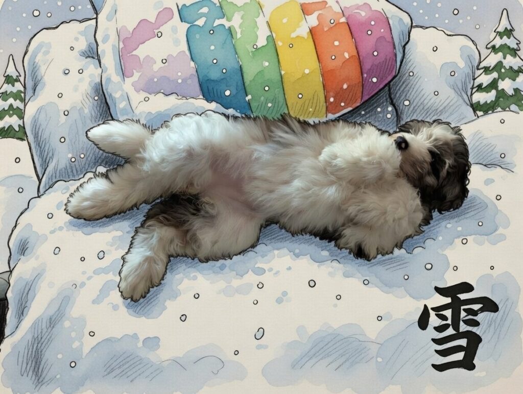 Artistic watercolor-style drawing around Yuki, a fluffy white and brown puppy, lying relaxed on its side in a snowy scene, with a rainbow-striped cushion behind it, snow-covered pine trees in the background, falling snowflakes, and the Japanese kanji character for "snow" (雪) elegantly calligraphed in the bottom right.