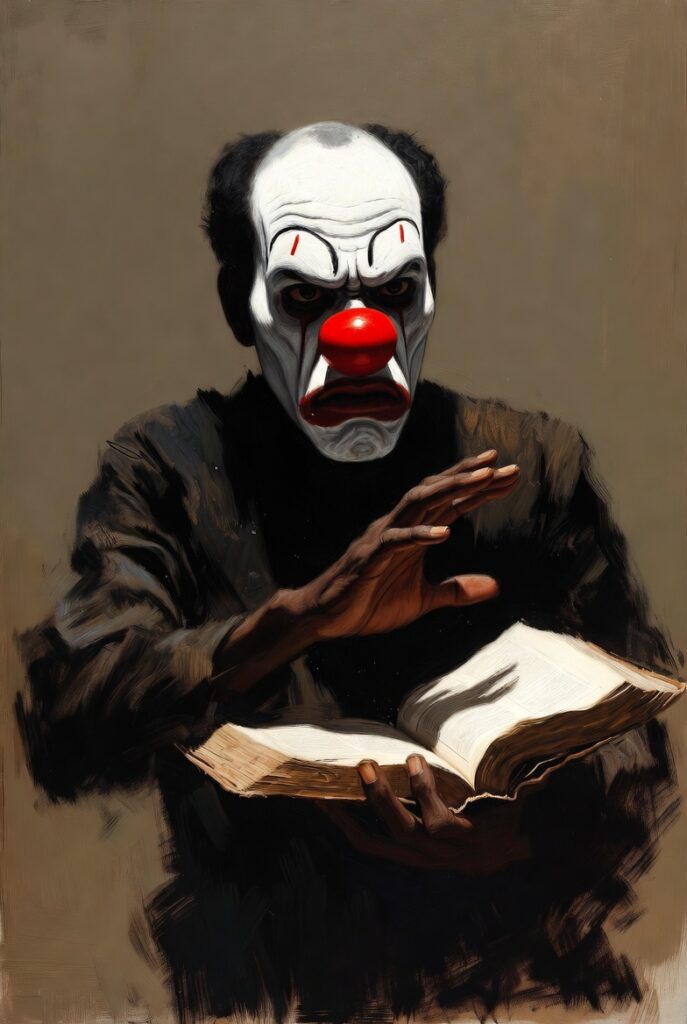 Painting of an African man with white clown makeup and red nose, holding a dictionary while raising his hand ready to slap.