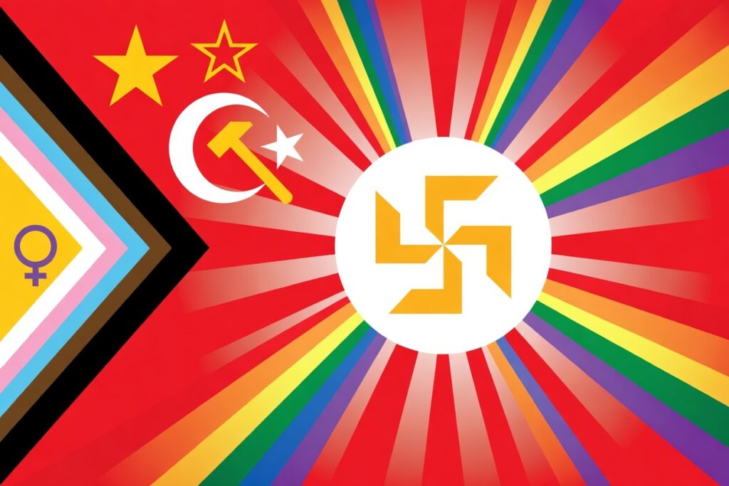 Blended symbolic flag combining elements from the People's Republic of China, Soviet Union, Nazi Germany, Imperial Japanese Army, Progress Pride, and Ottoman Empire flags on a red background with rainbow sunburst rays.